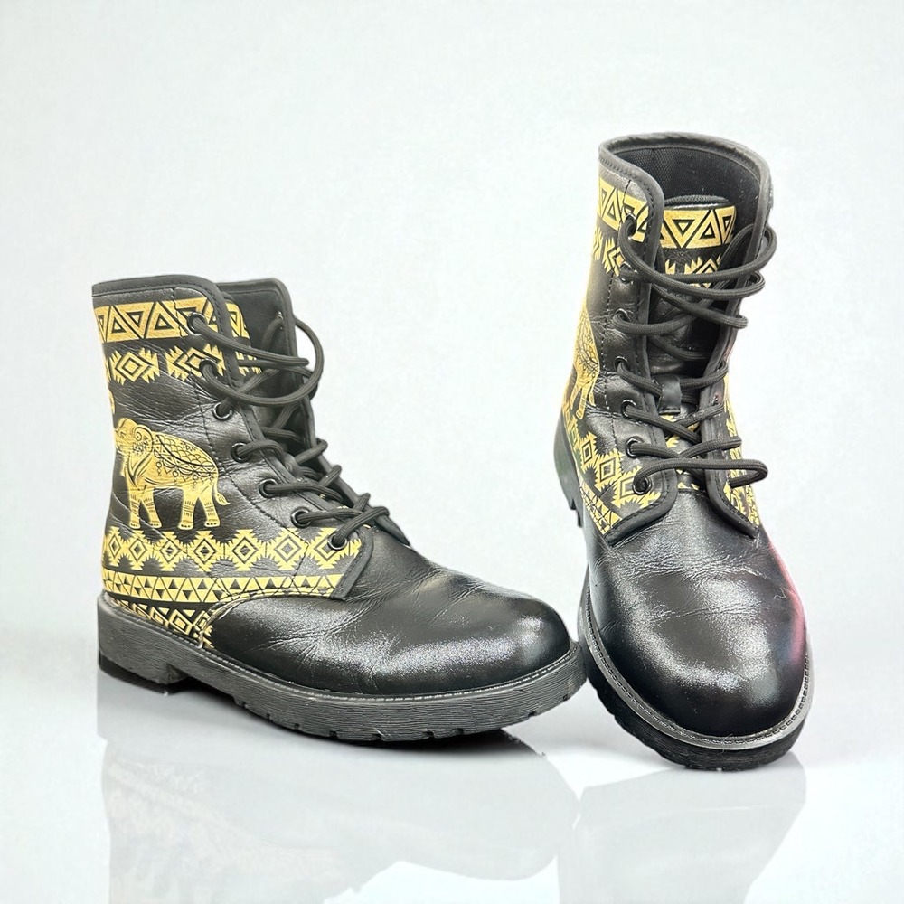 Unisex Tribal Elephant Boots‎ Vegan Friendly PU Leather Lace Up Waterproof M6 F8 - Picture 3 of 9